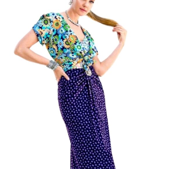 CAbi Happy Top 5900 Blouse Retro Short Sleeve Floral Button Peplum Green‎ Blue M - Picture 11 of 16